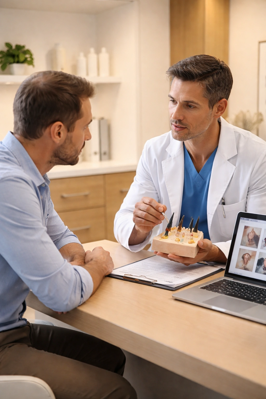 Patient and surgeon in a clinic consultation discussing investment in hair restoration
