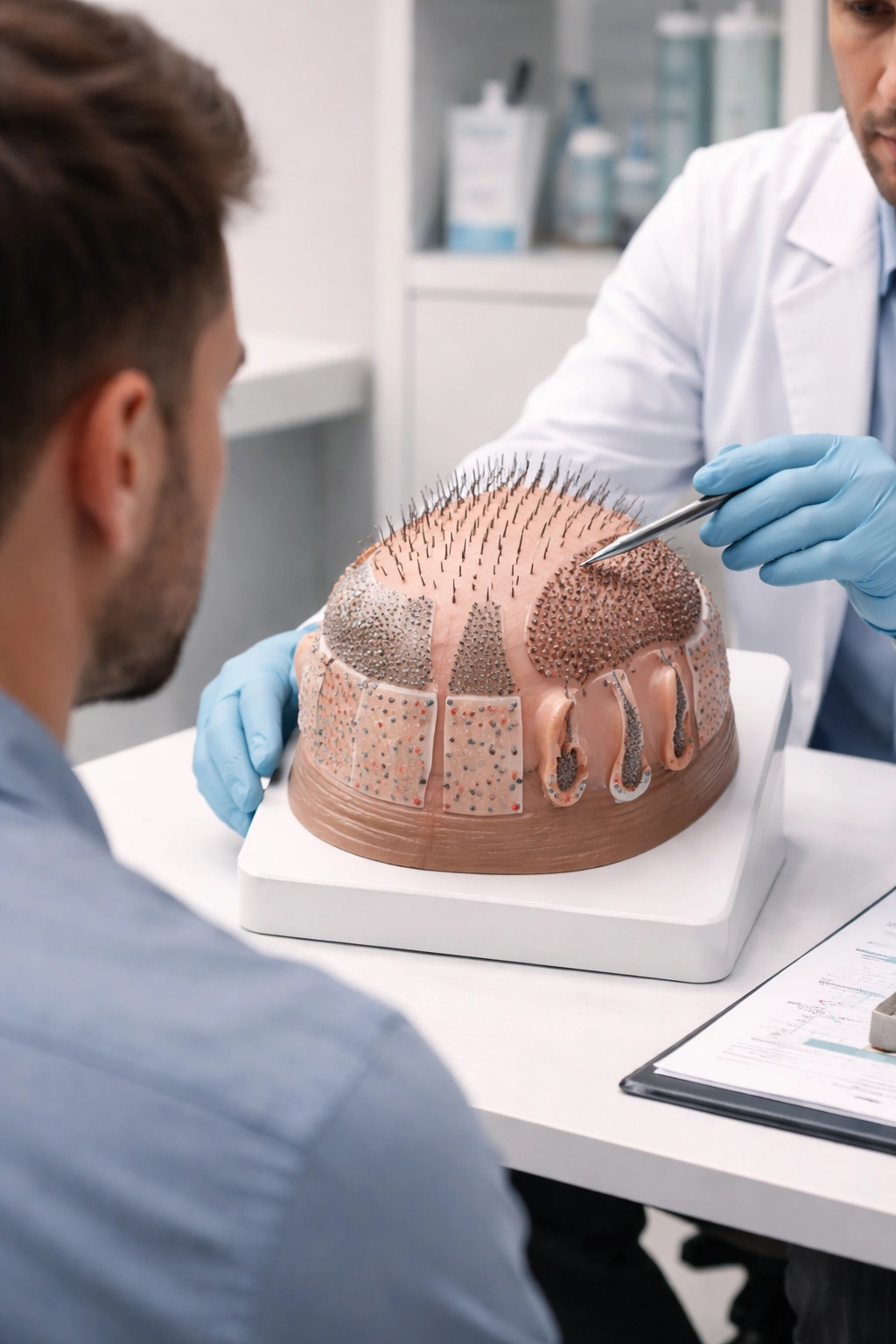 Patient and clinician analyzing a 3D scalp model in a clinic