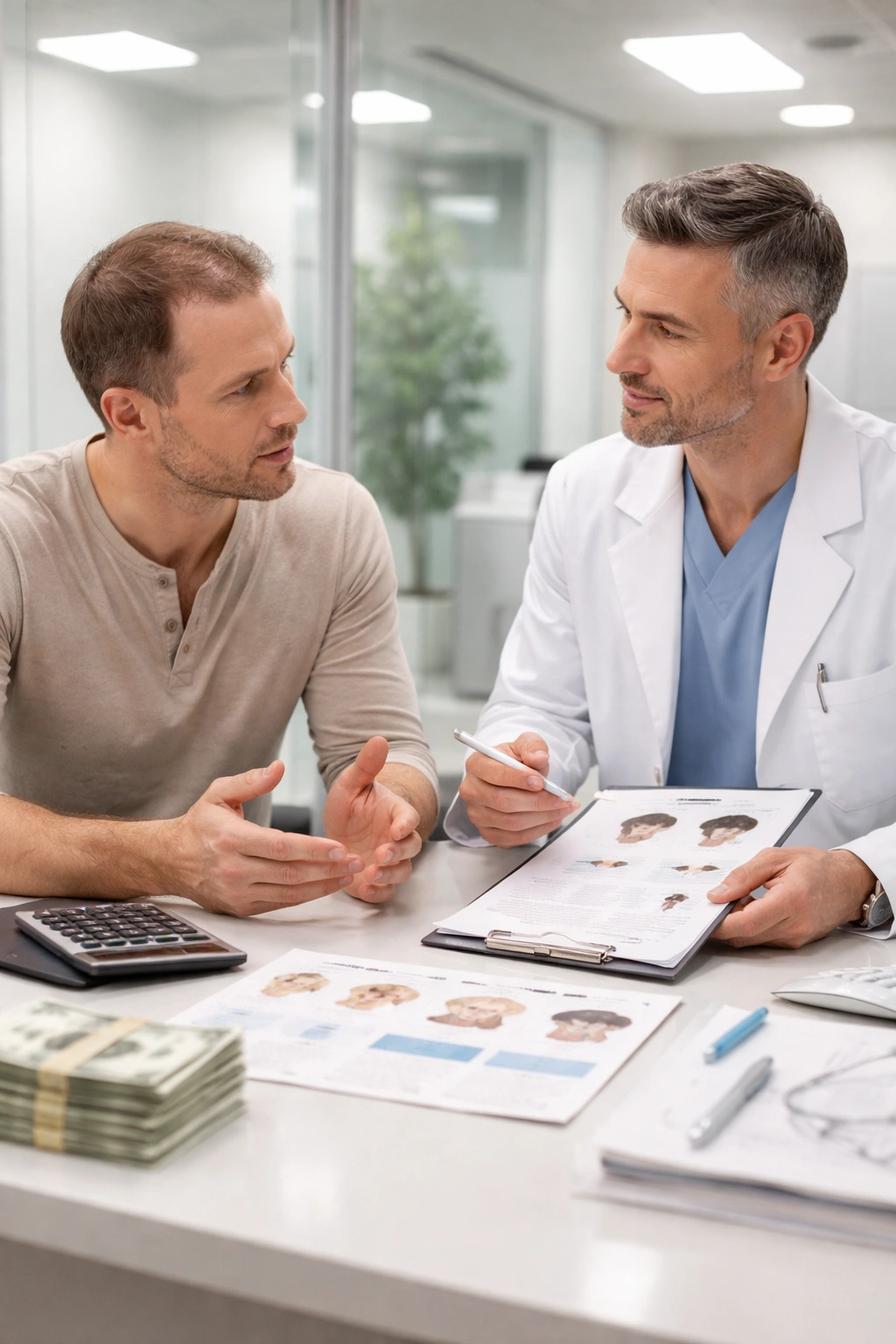 Clinic consultation about hair transplant costs in a modern setting