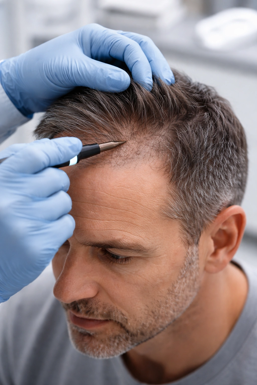 Close-up of a patient's scalp showing hairline density assessment for possible transplant touch-up