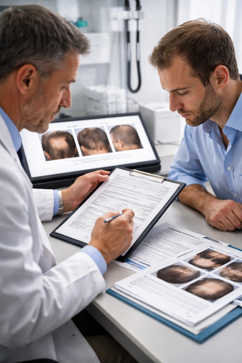 Physician reviewing medical records and scalp photos with patient in a treatment room