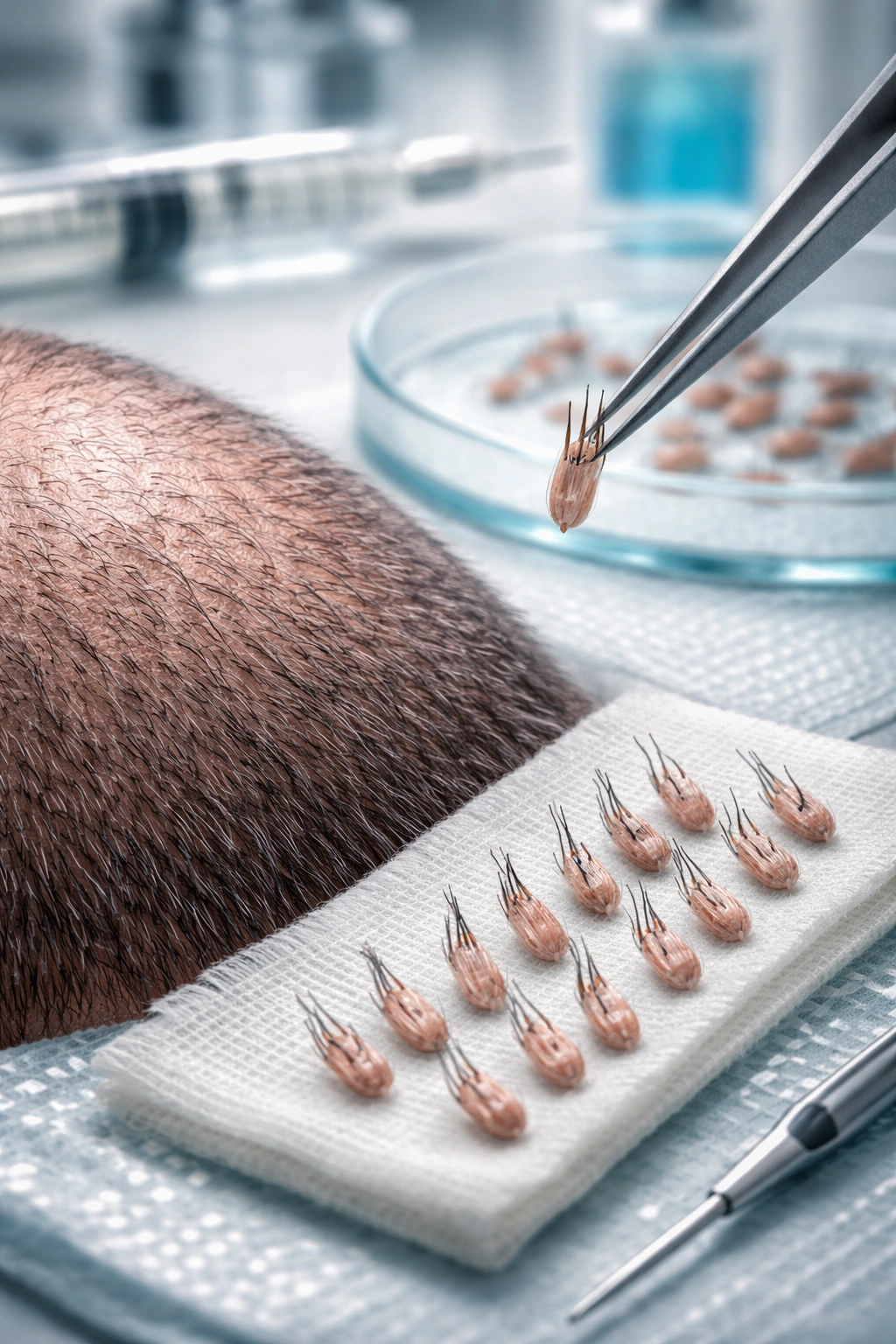 Close-up of donor scalp showing prepared follicles for transplantation