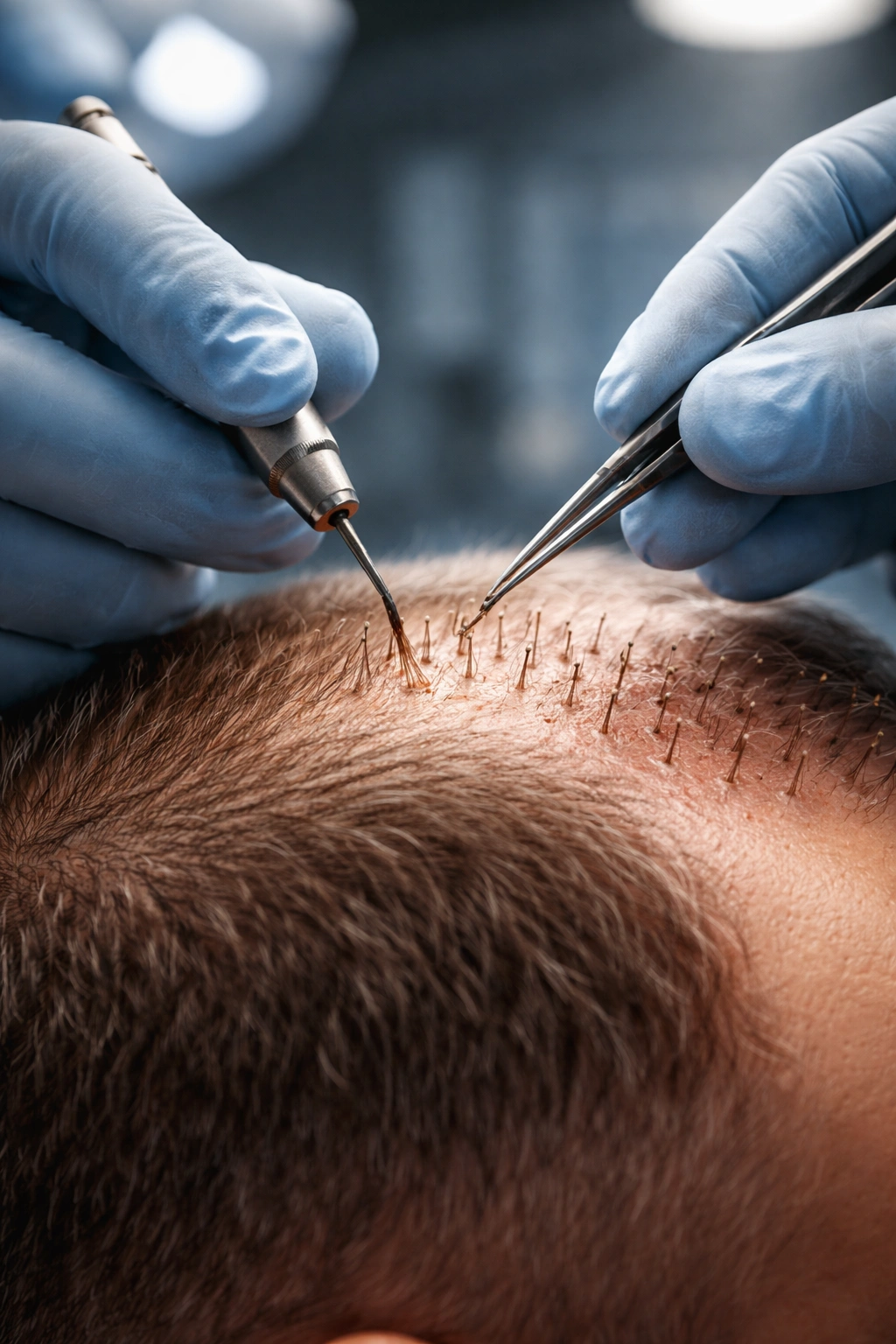 Macro view of donor follicles being relocated to recipient sites on the scalp