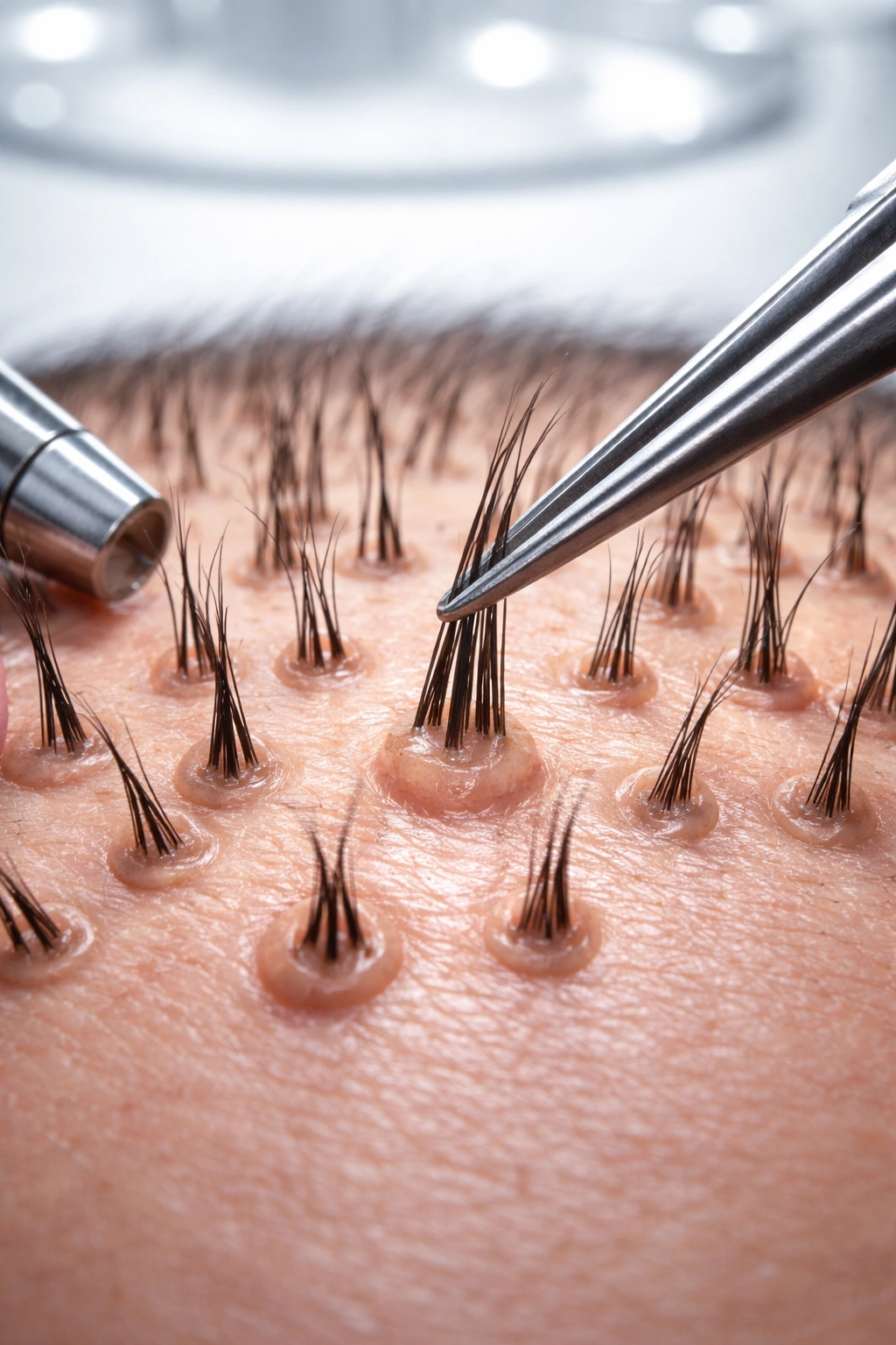 Close-up of scalp donor area showing hair follicles and follicular units in a clinical setting
