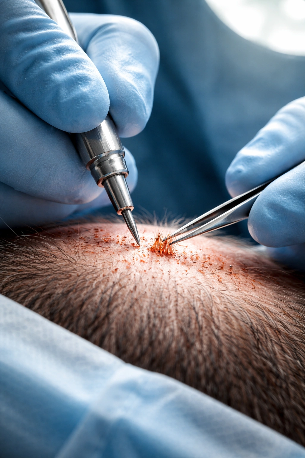 Close-up of a surgeon extracting hair follicles from the donor scalp during a transplant