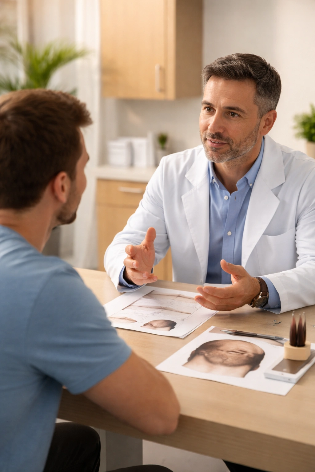 Doctor and patient discuss realistic hair transplant outcomes in a calm clinic setting
