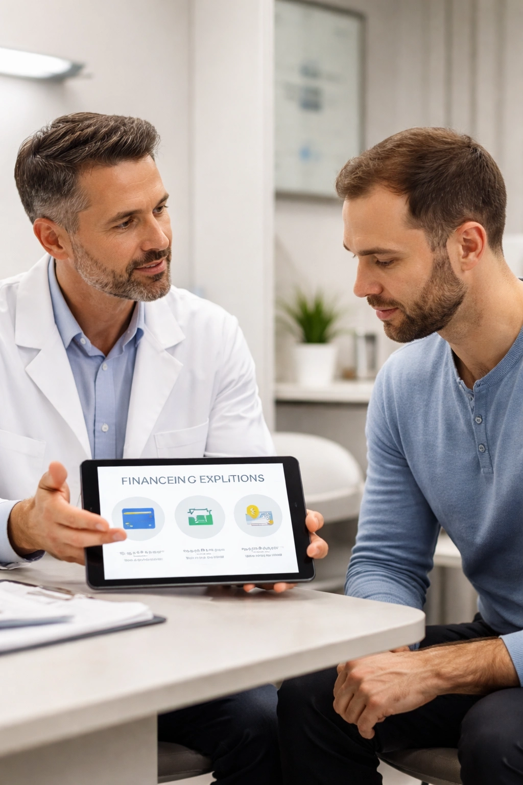 Clinic consultation discussing financing options for hair transplant