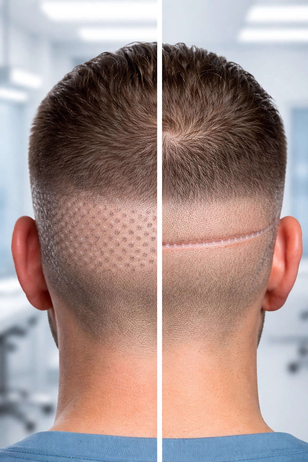 Side-by-side depiction of FUE and FUT donor scars on the scalp