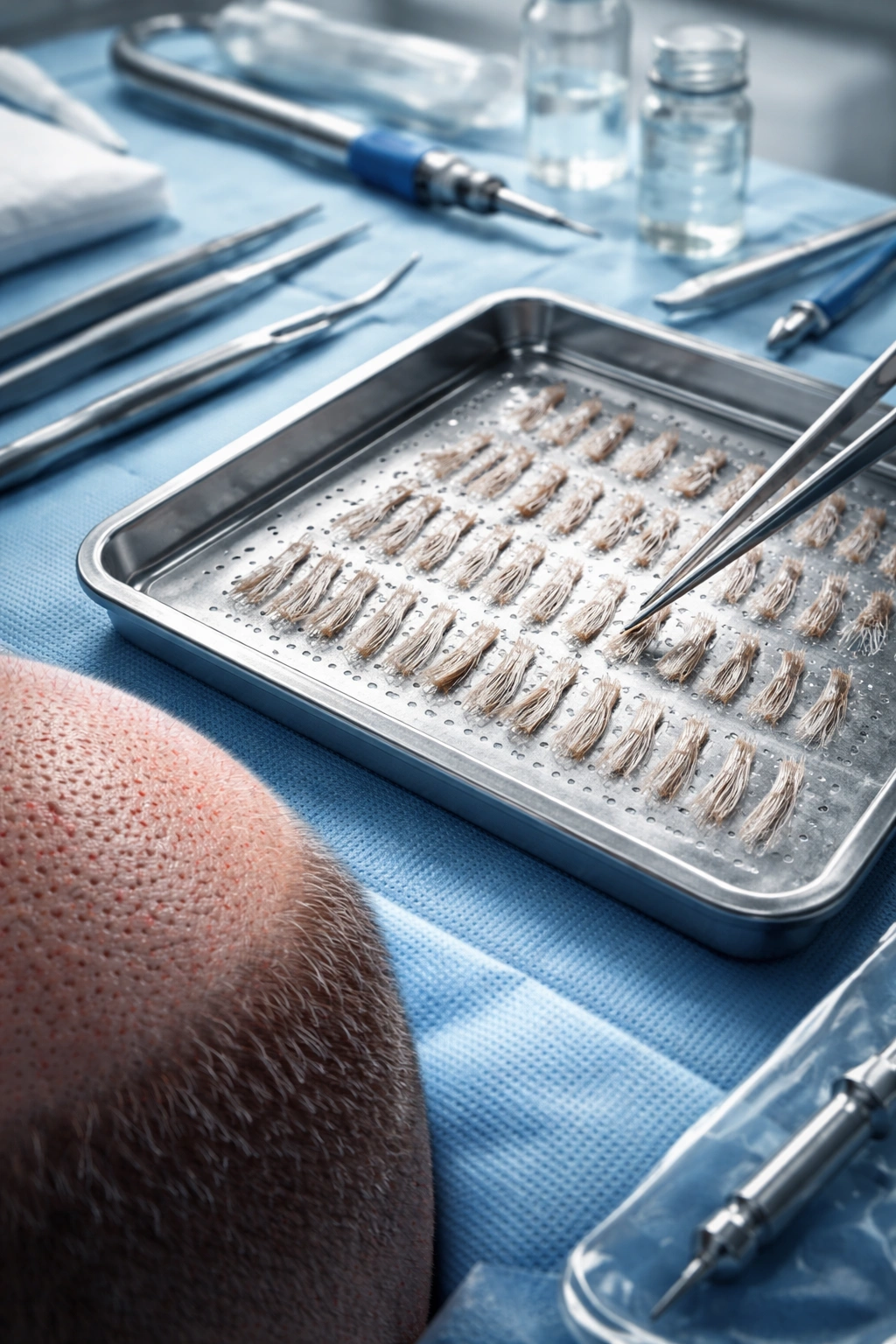 Donor scalp grafts arranged for hair transplant on a sterile tray