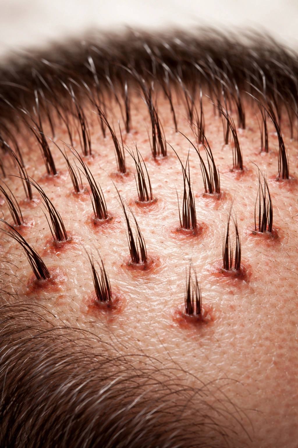 Close-up of scalp showing transplanted hair follicles taking root and starting to grow