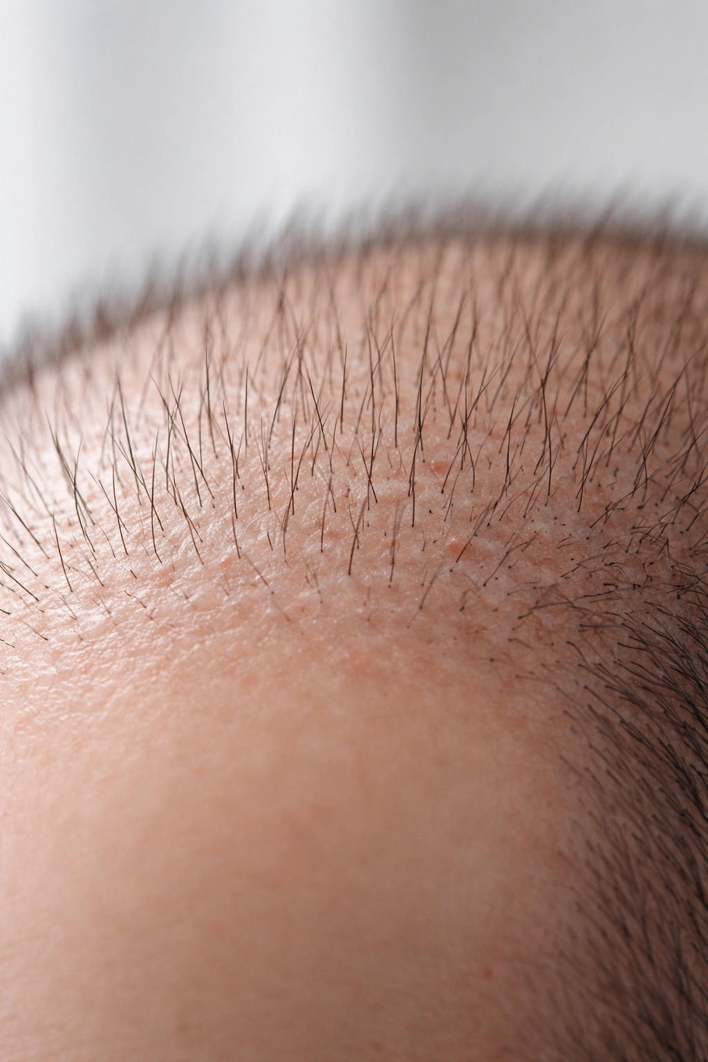 Close-up of scalp showing fine new hairs growing after hair transplant in clinical setting