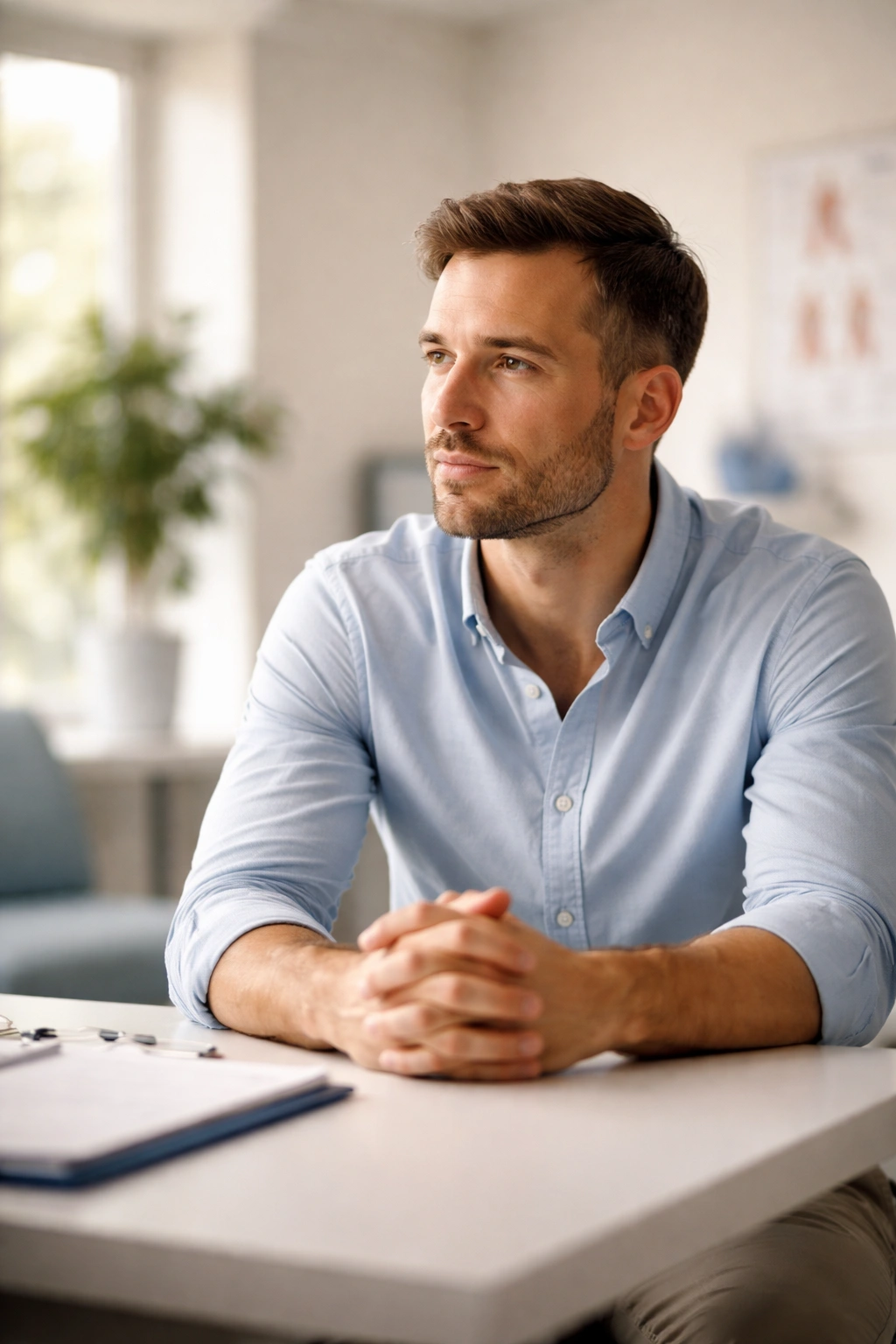 Contemplative patient in a calm clinic environment, reflecting on safety and decisions about hair transplantation.