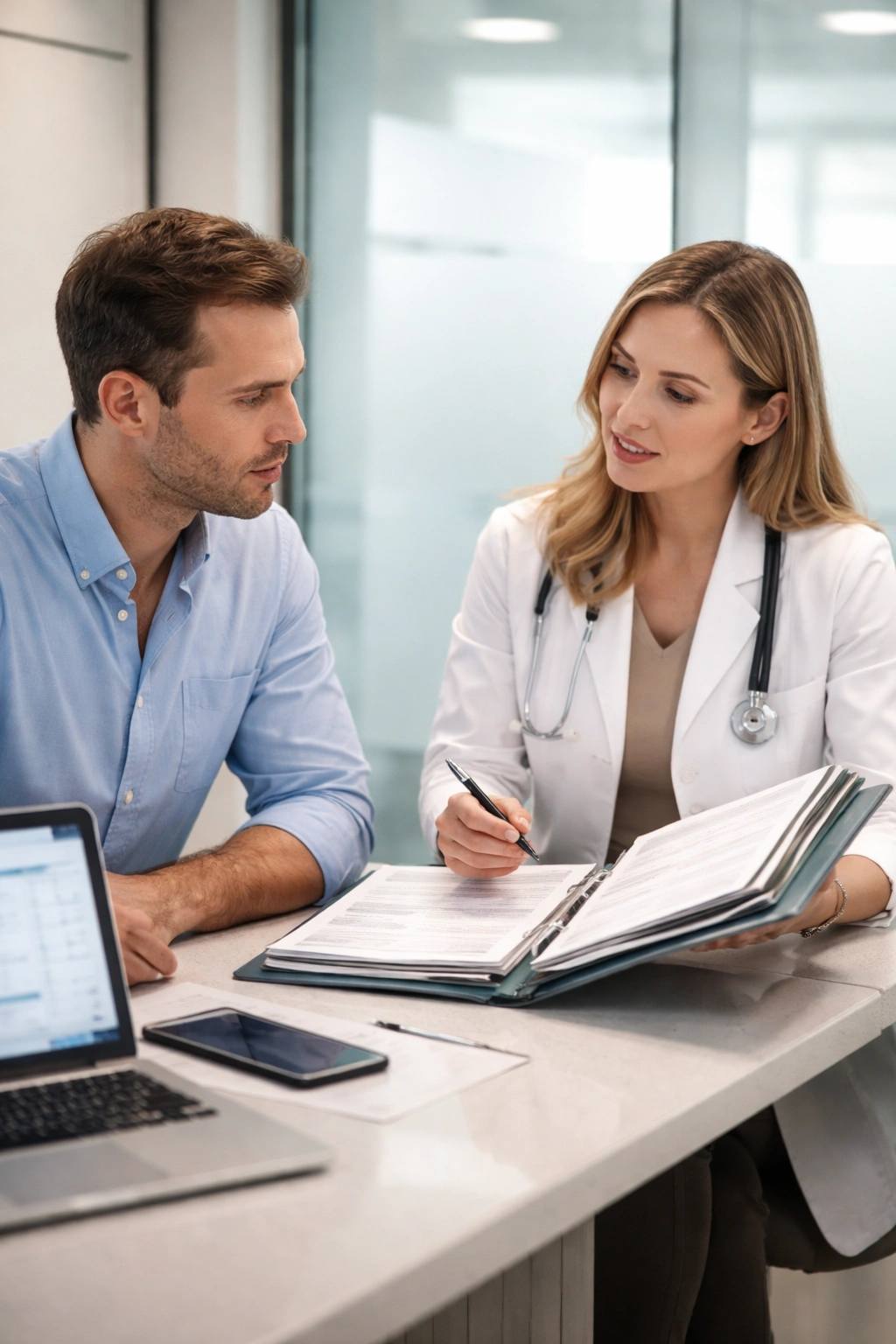 Patient and clinician discussing coverage in a clinic with a binder and computer