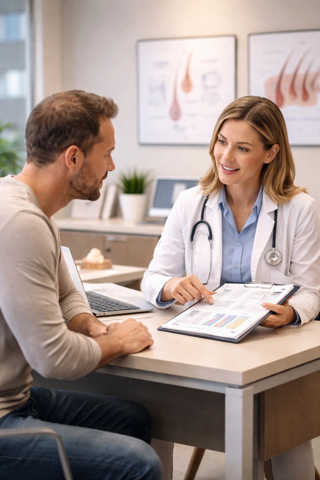 Clinician and patient discussing coverage options in a clinic with abstract diagrams on the wall