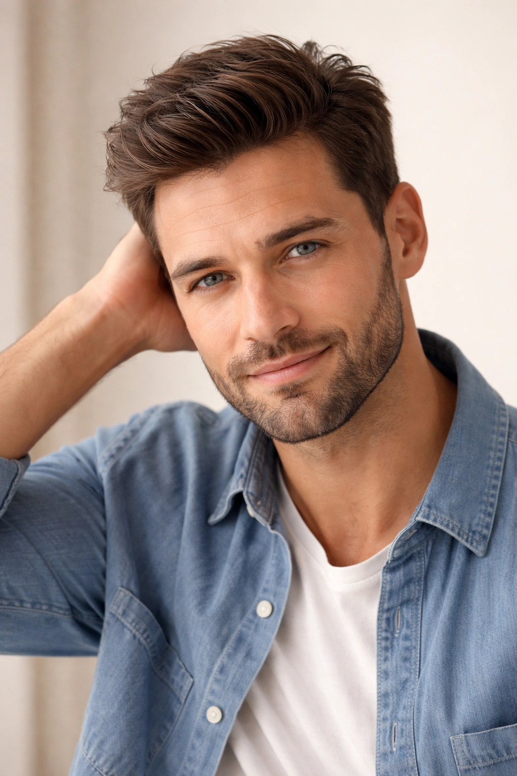Close-up portrait of a person with healthy transplanted hair and confidence