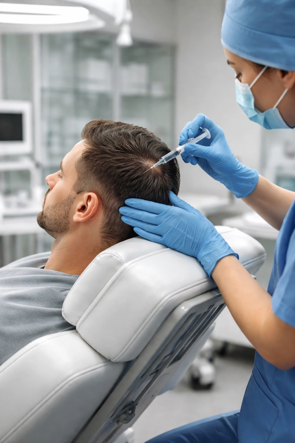 Calm patient in medical chair while clinician prepares scalp anesthesia