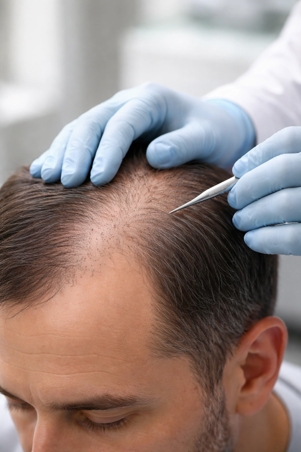 Close-up of a scalp model examined by a surgeon's gloved hands in a clinic, highlighting pricing factors.