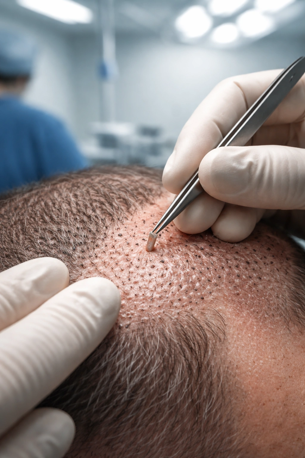 Close-up of scalp grafting with a surgeon's gloved hands showing graft placement.