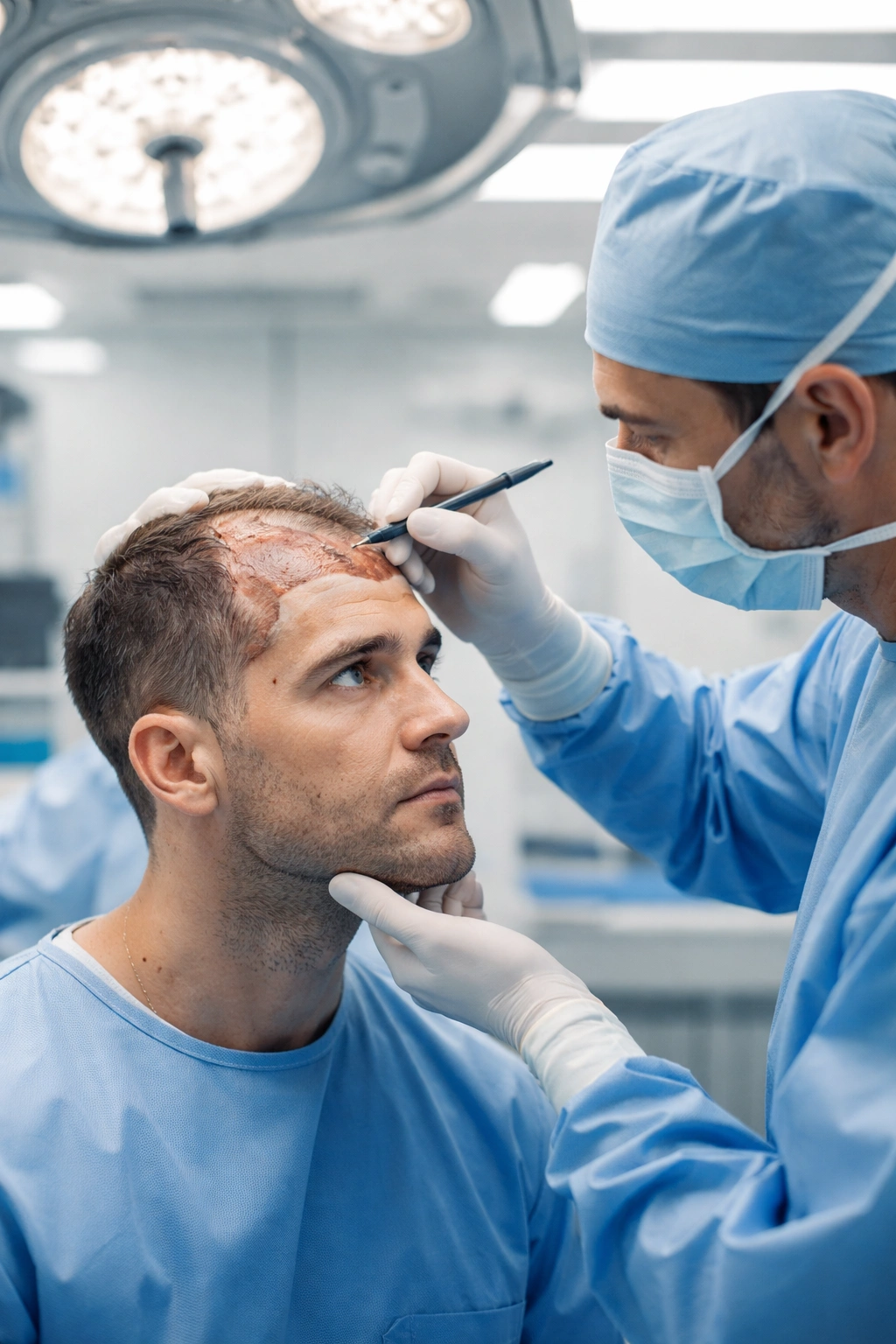 Patient and surgeon planning reconstructive hair restoration in a clinical setting