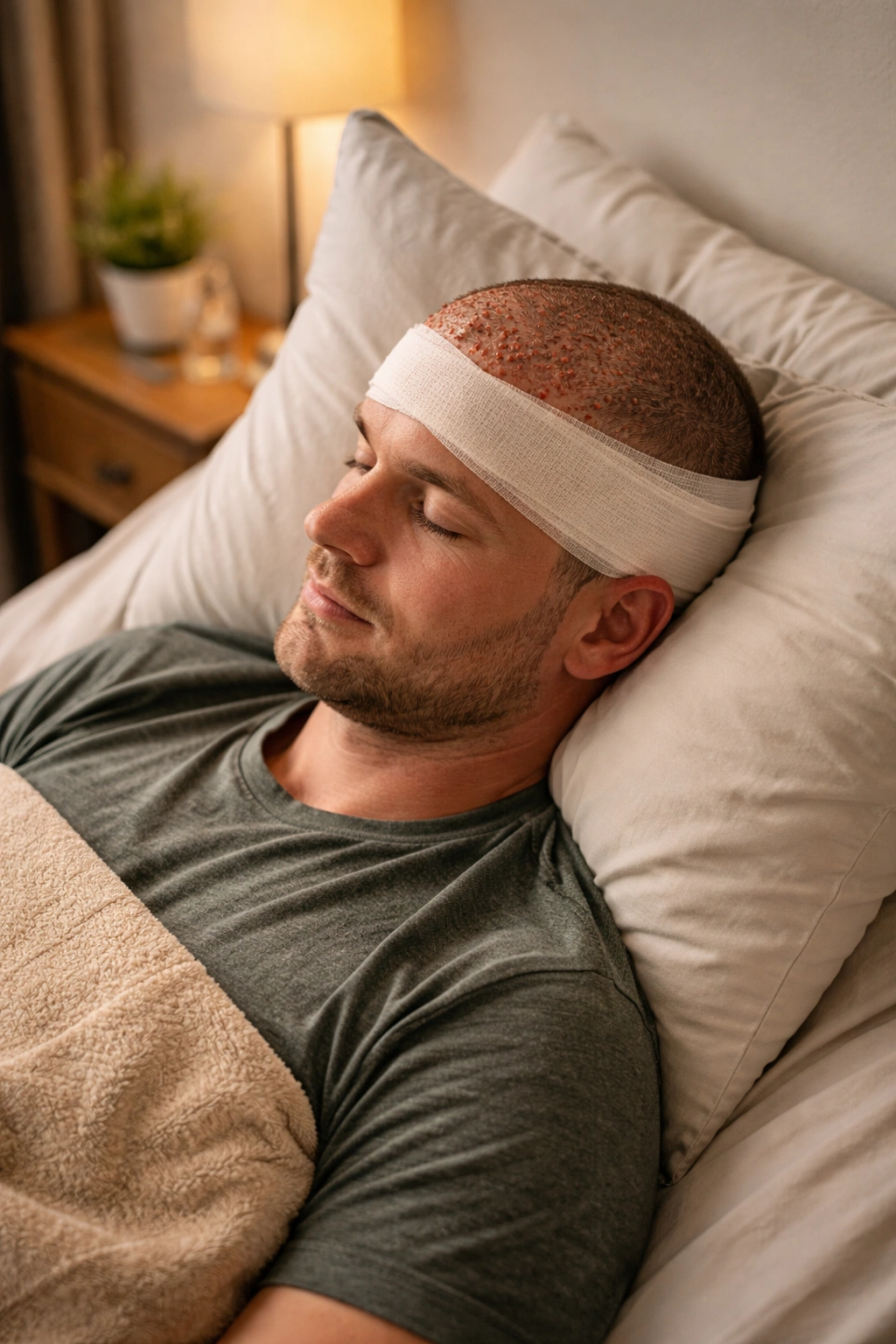 Patient recovering after hair transplant with elevated head