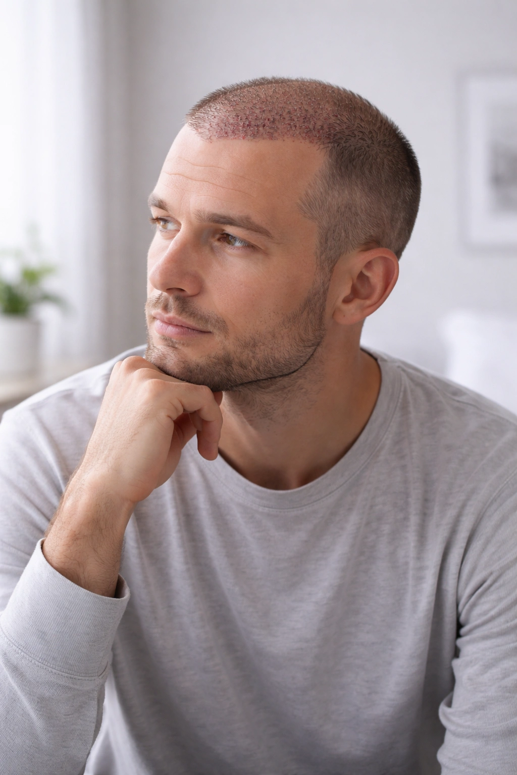 Thoughtful patient in a recovery setting contemplating hair transplant recovery.