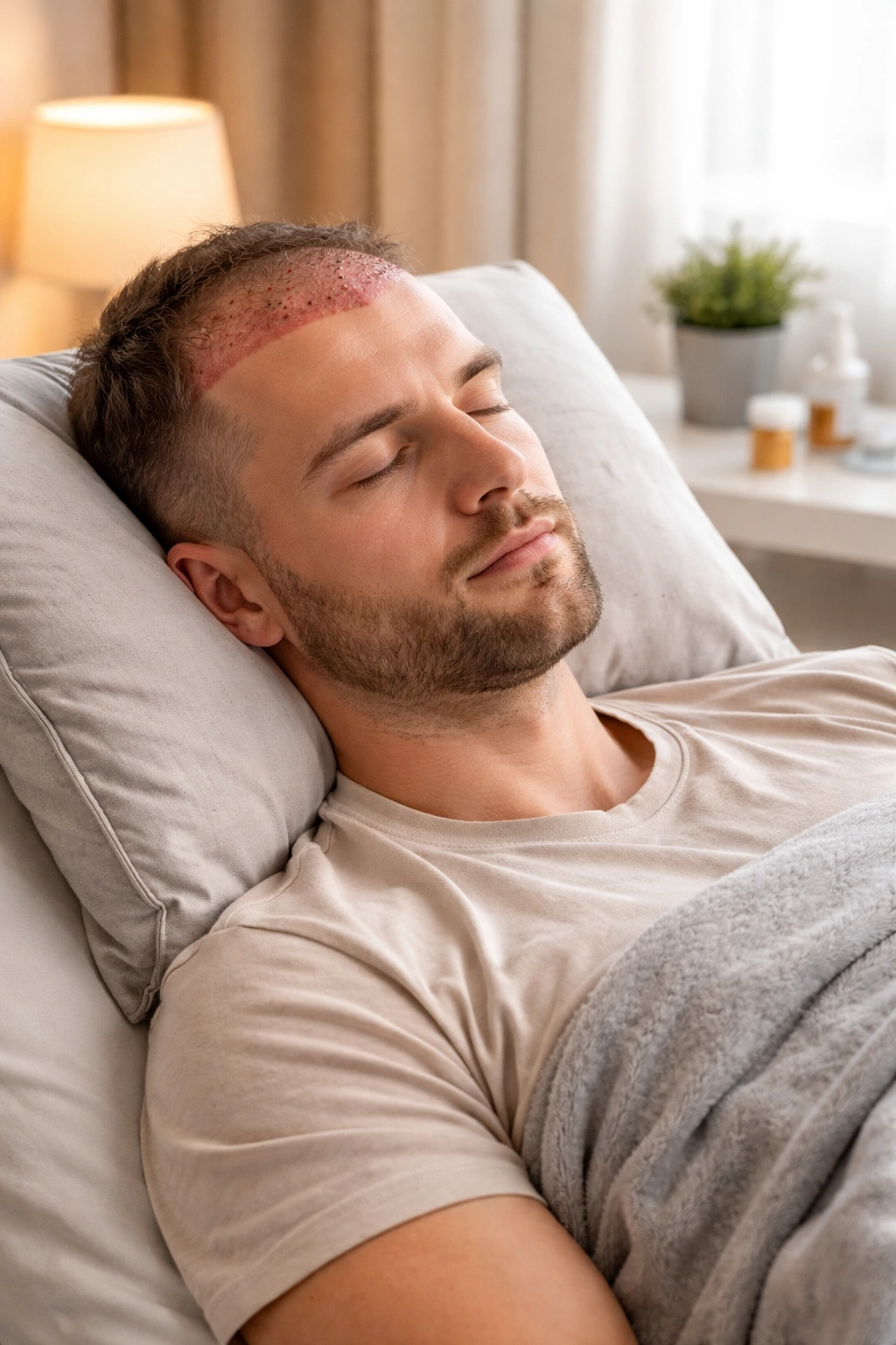 Patient resting with elevated head after hair transplant showing mild post-op healing