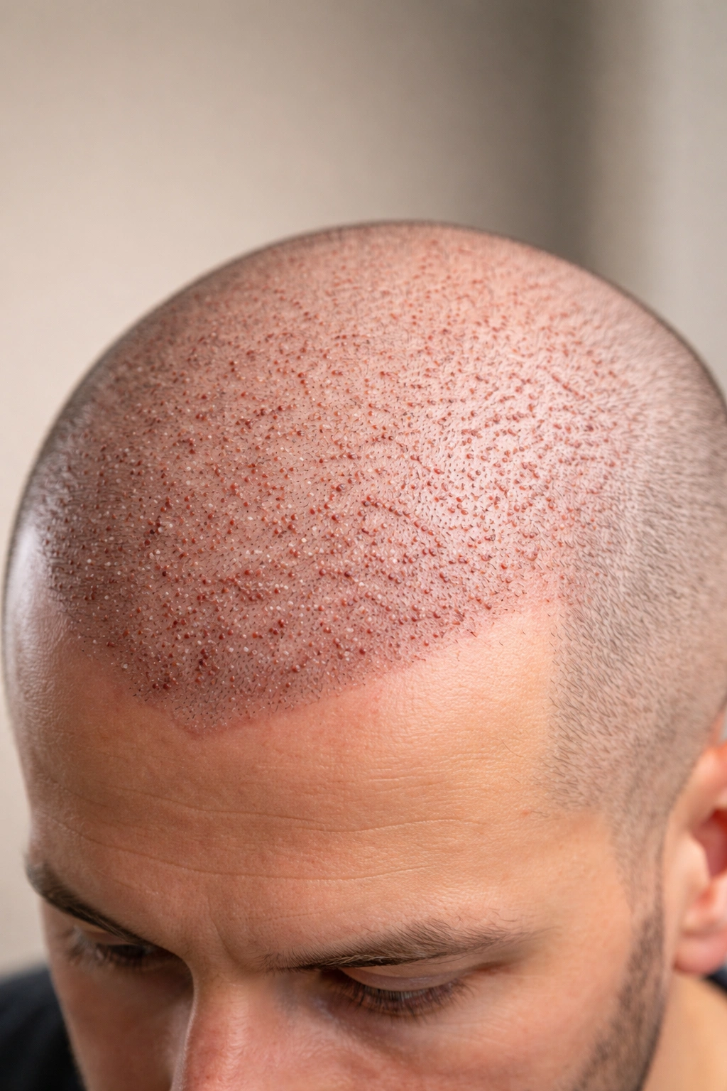 Shaved scalp with mild swelling and tiny graft-site scabs during early hair transplant recovery