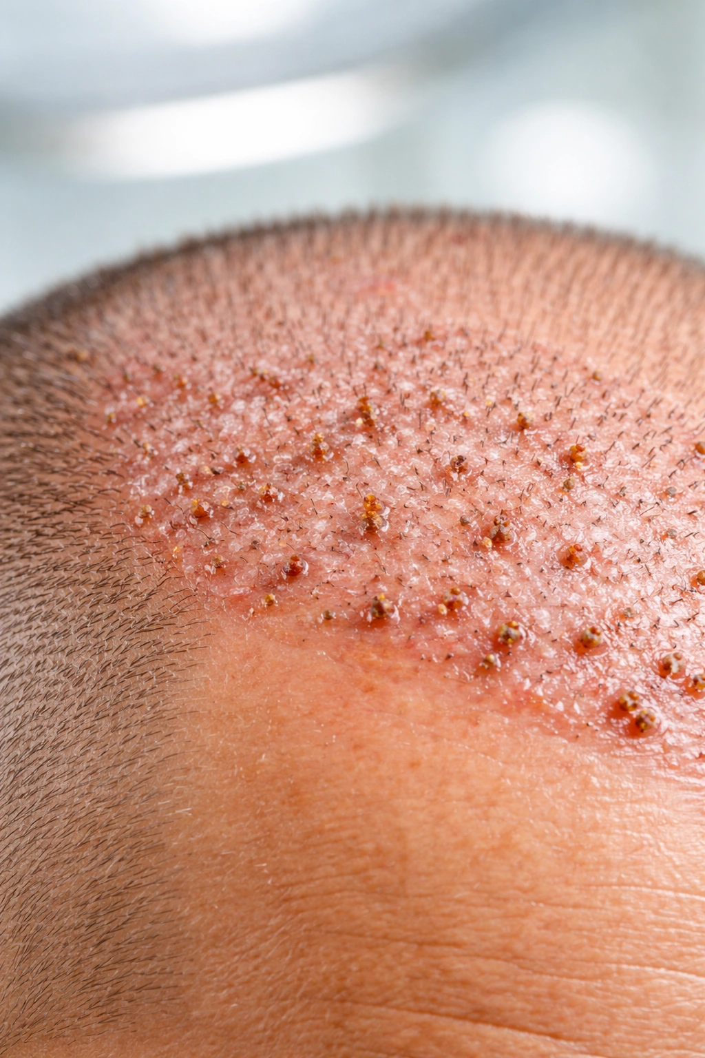 Scalp close-up showing minor post-op swelling and crusts around graft sites