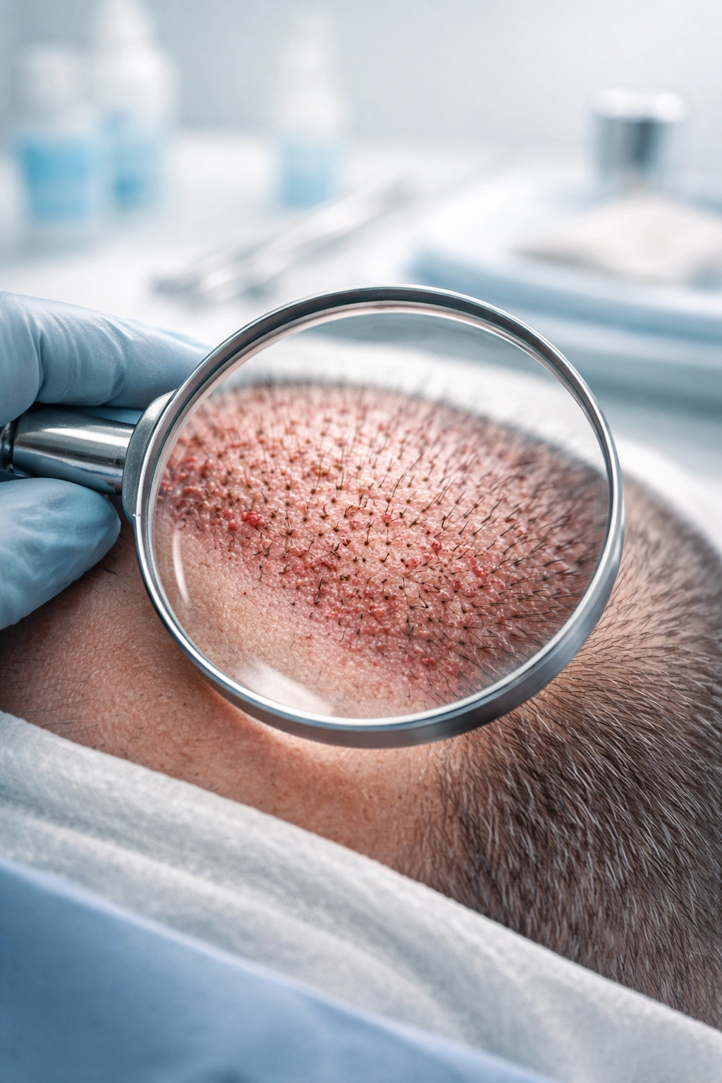 Close-up scalp model with magnifying glass illustrating potential risks and complications