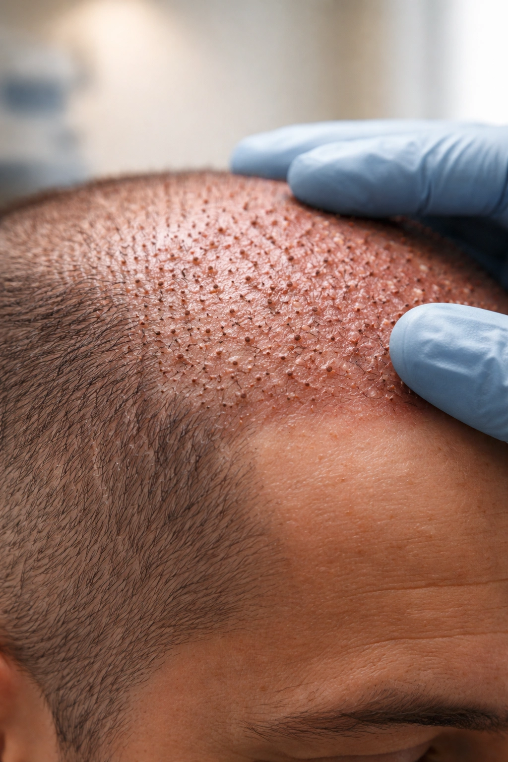 Close-up of post-transplant scalp showing swelling and graft site scabs