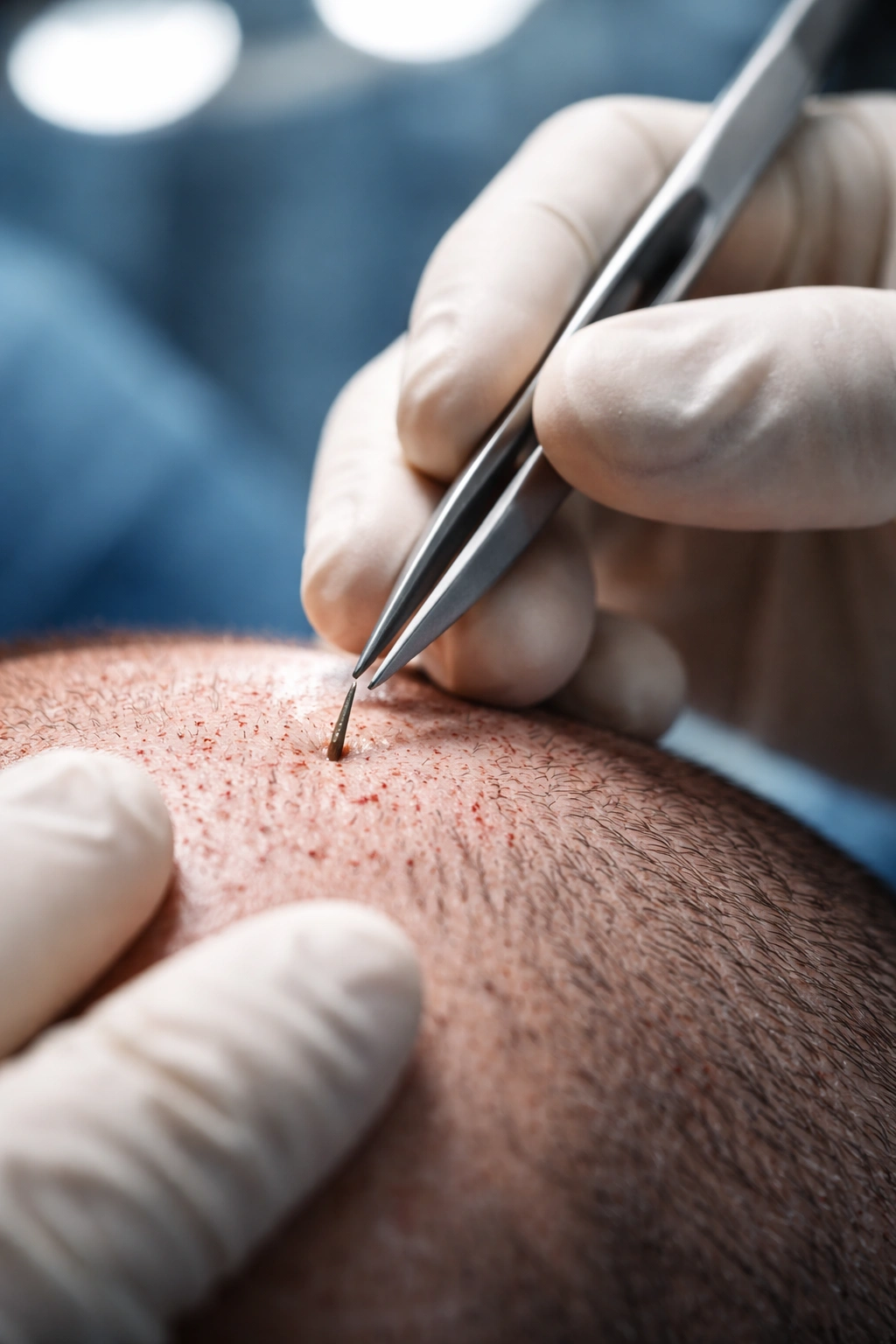 Close-up of gloved hands placing a hair graft into a shaved scalp during a safe surgical procedure