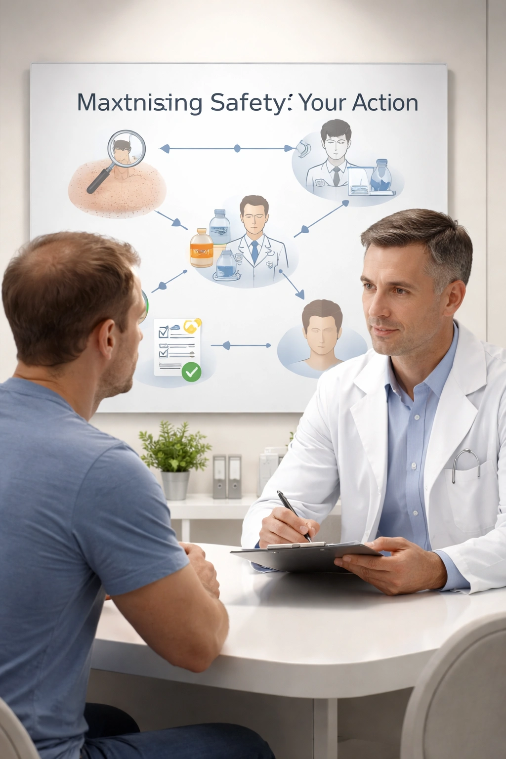 Patient and clinician in a modern clinic planning hair transplant safety with a wall diagram of steps (no text).