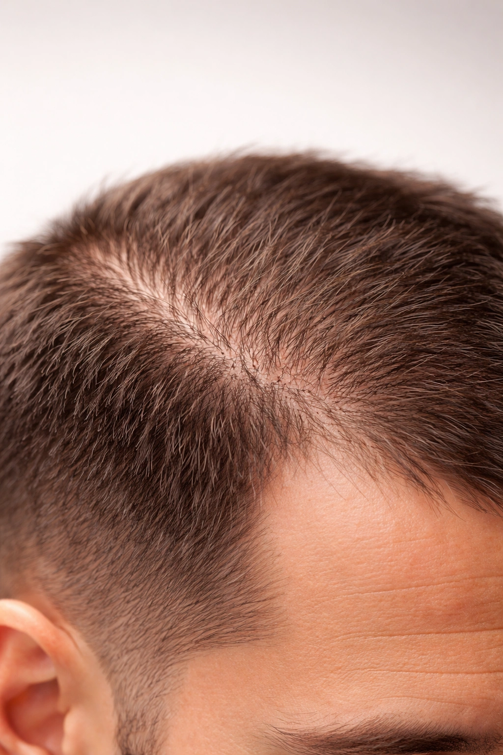 Close-up scalp with transplanted hair showing density variation