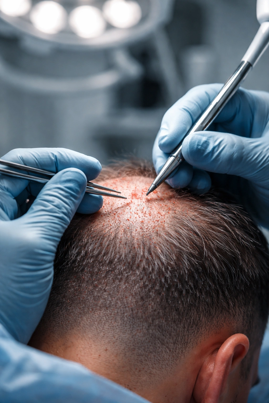 Close-up of scalp during hair transplant procedure in a clinical setting