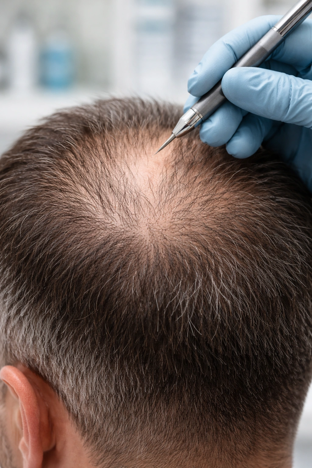 Scalp showing thinning around treated areas during examination