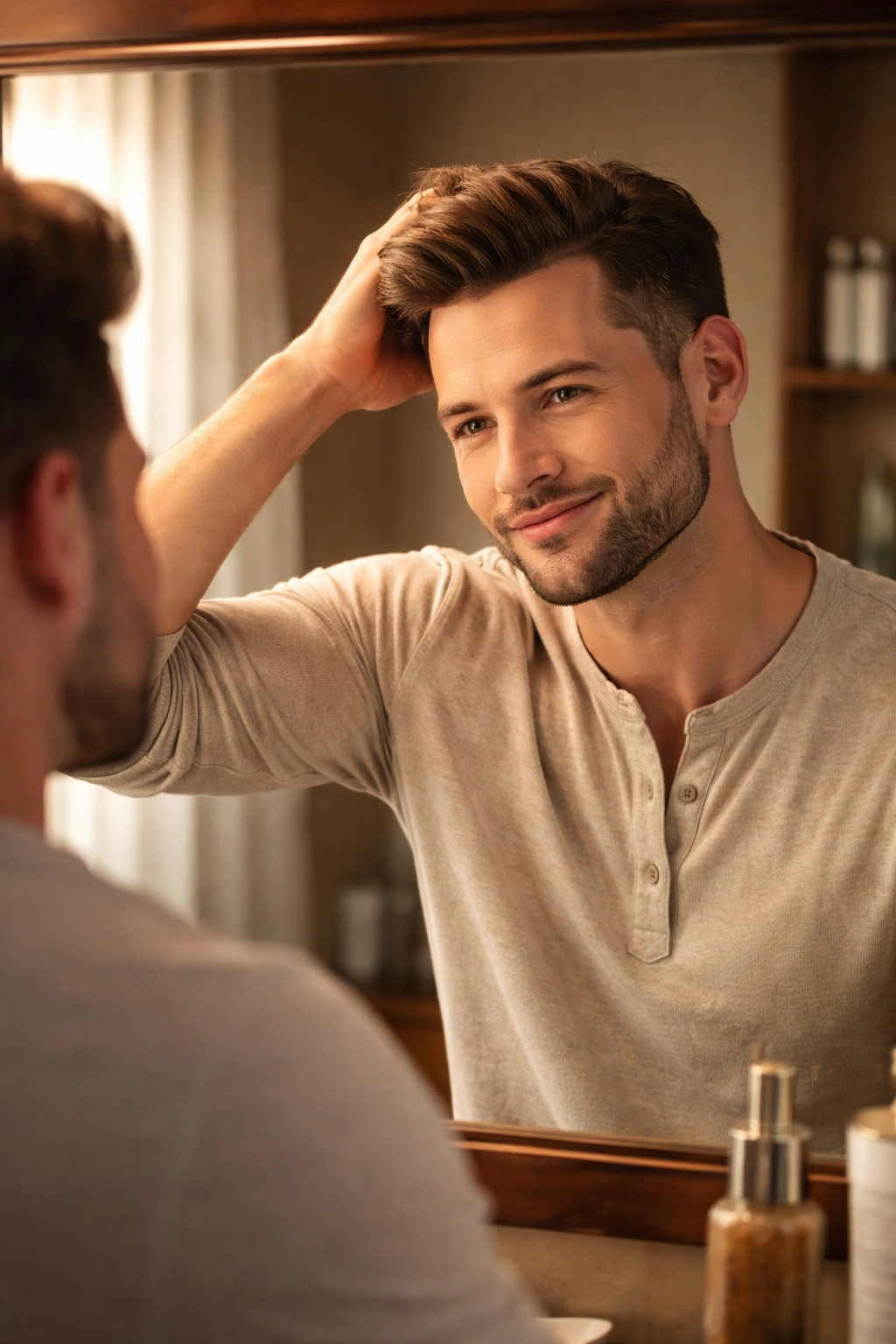 Person with improved hairline looking at mirror in a warm, softly lit room