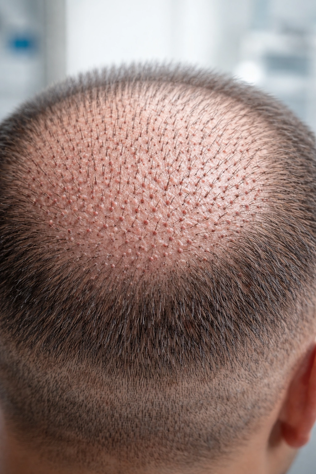 Close-up of scalp with newly transplanted hair follicles in thinning area