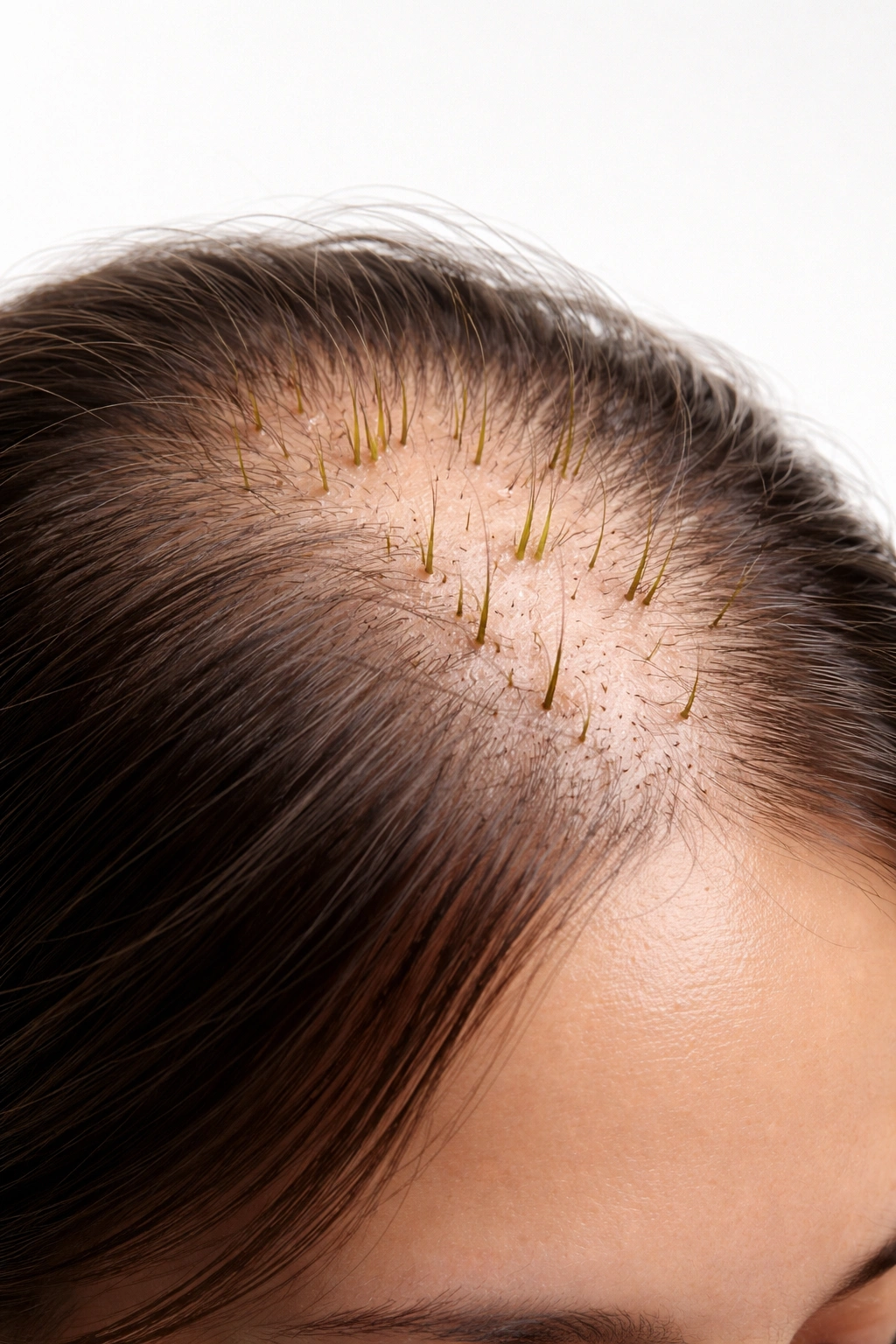 Close-up scalp with thinning areas and emerging hair regrowth in a clinical setting.
