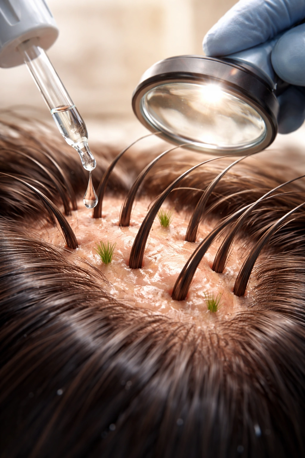 Close-up of scalp with healthy hair follicles representing hair treatment approaches
