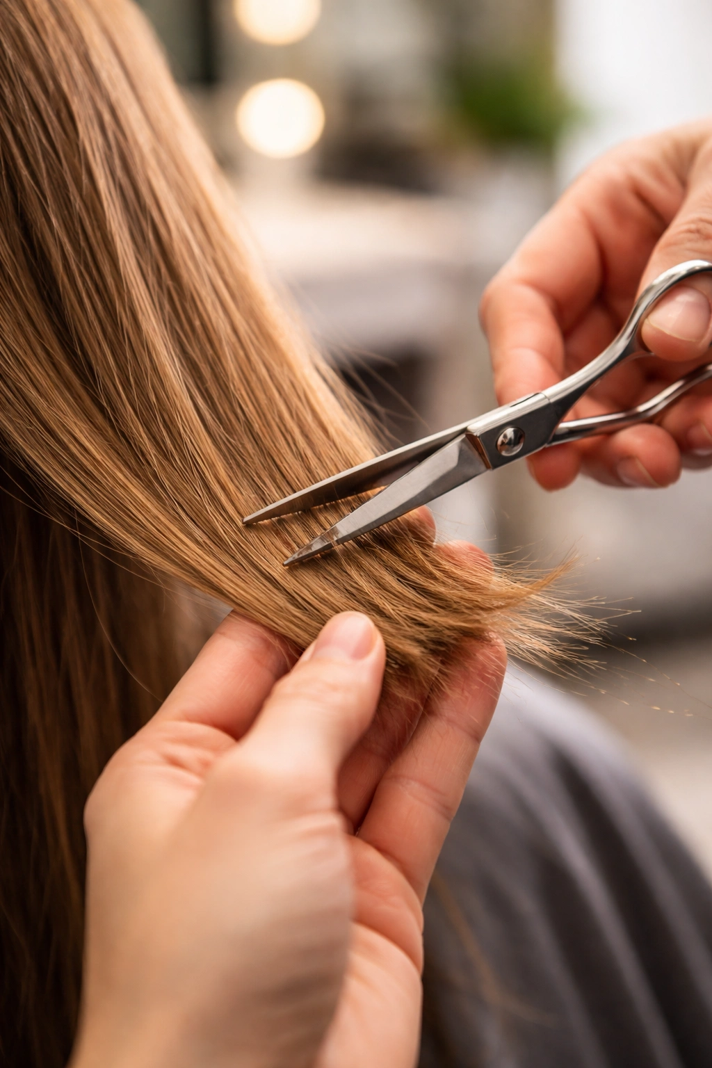 Close-up of hair being trimmed to remove split ends in a salon; ends and shears