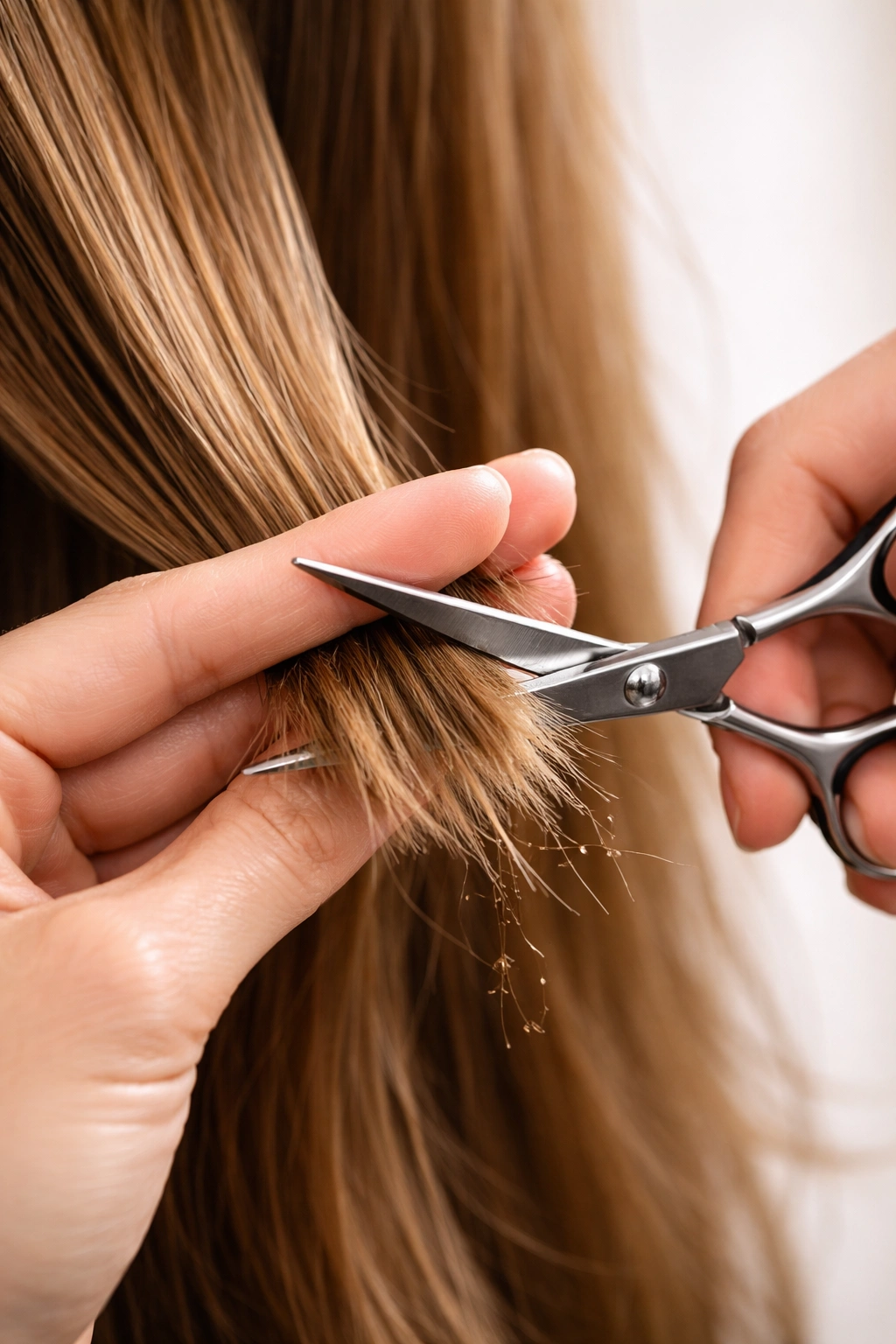 Hands trimming hair ends with scissors to remove split ends