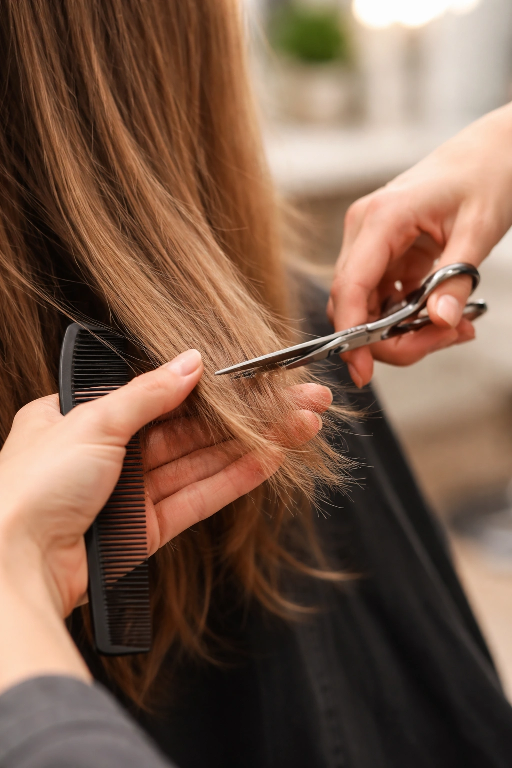 Hands trimming hair with professional scissors in a salon
