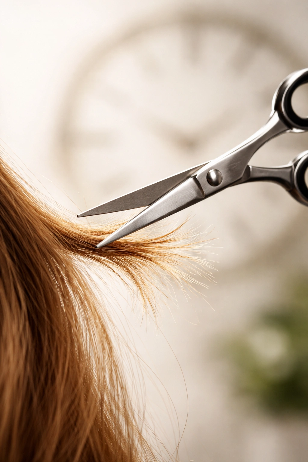Close-up of hair ends with professional scissors suggesting a trim
