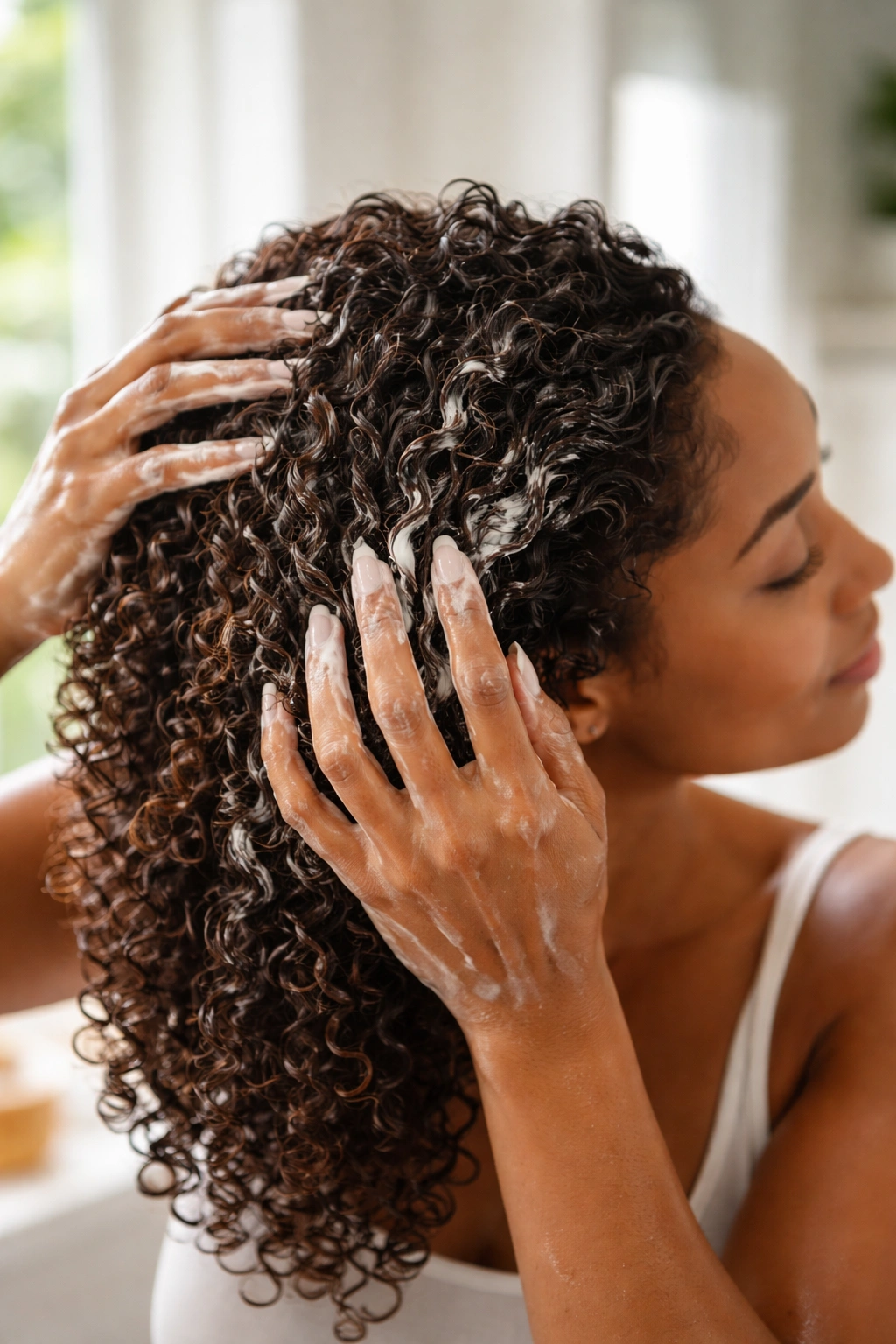 Curly hair close-up applying product to curls