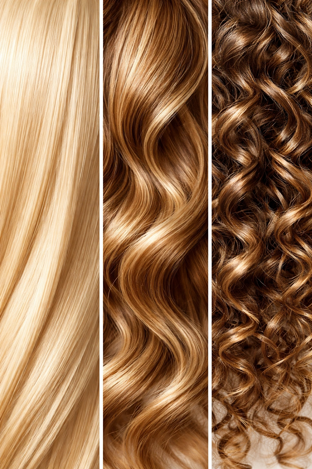 Triptych of straight, wavy, and curly hair strands