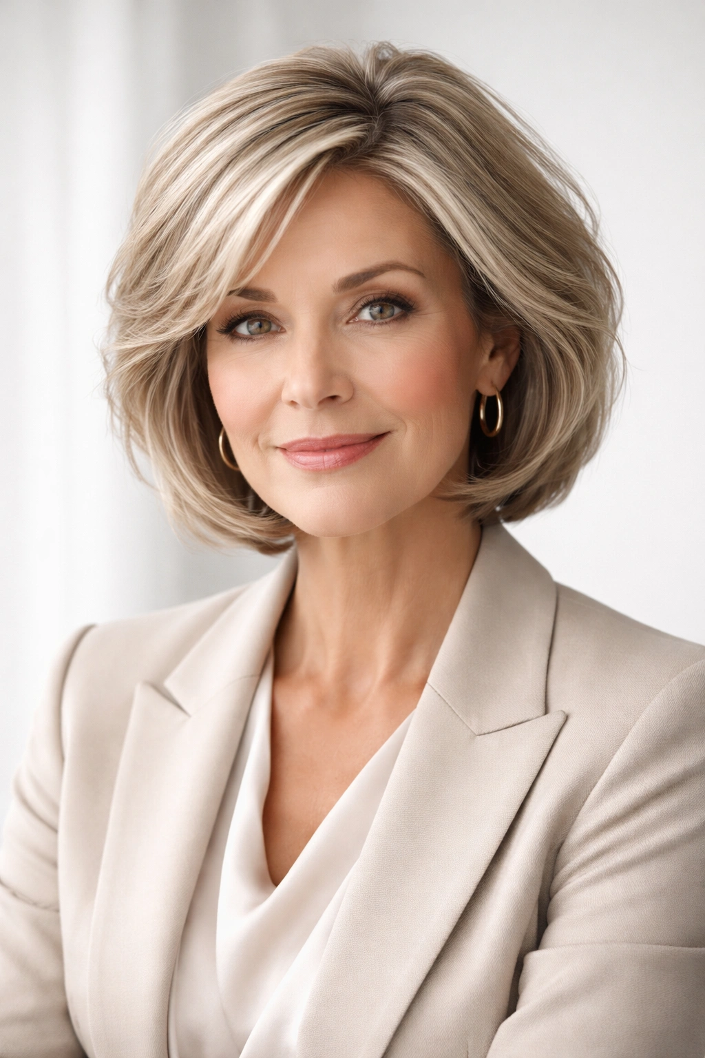 Mature woman with flattering hairstyle suited to her hair texture and face shape in a studio portrait