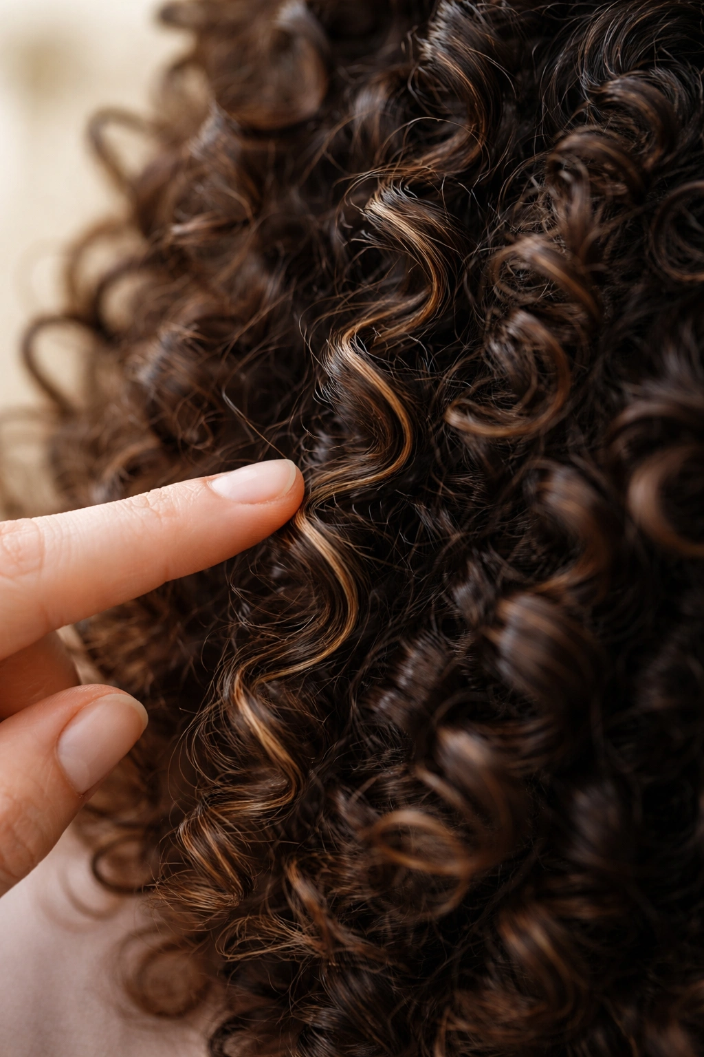 Close-up of curly hair showing growth pattern and curl texture
