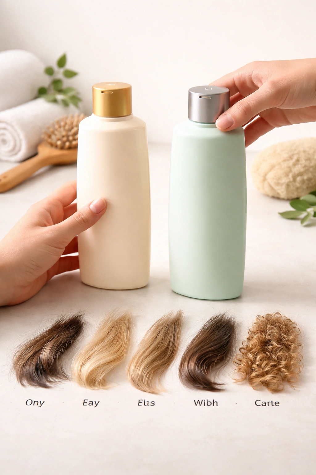 Hand choosing between shampoo and conditioner for hair type