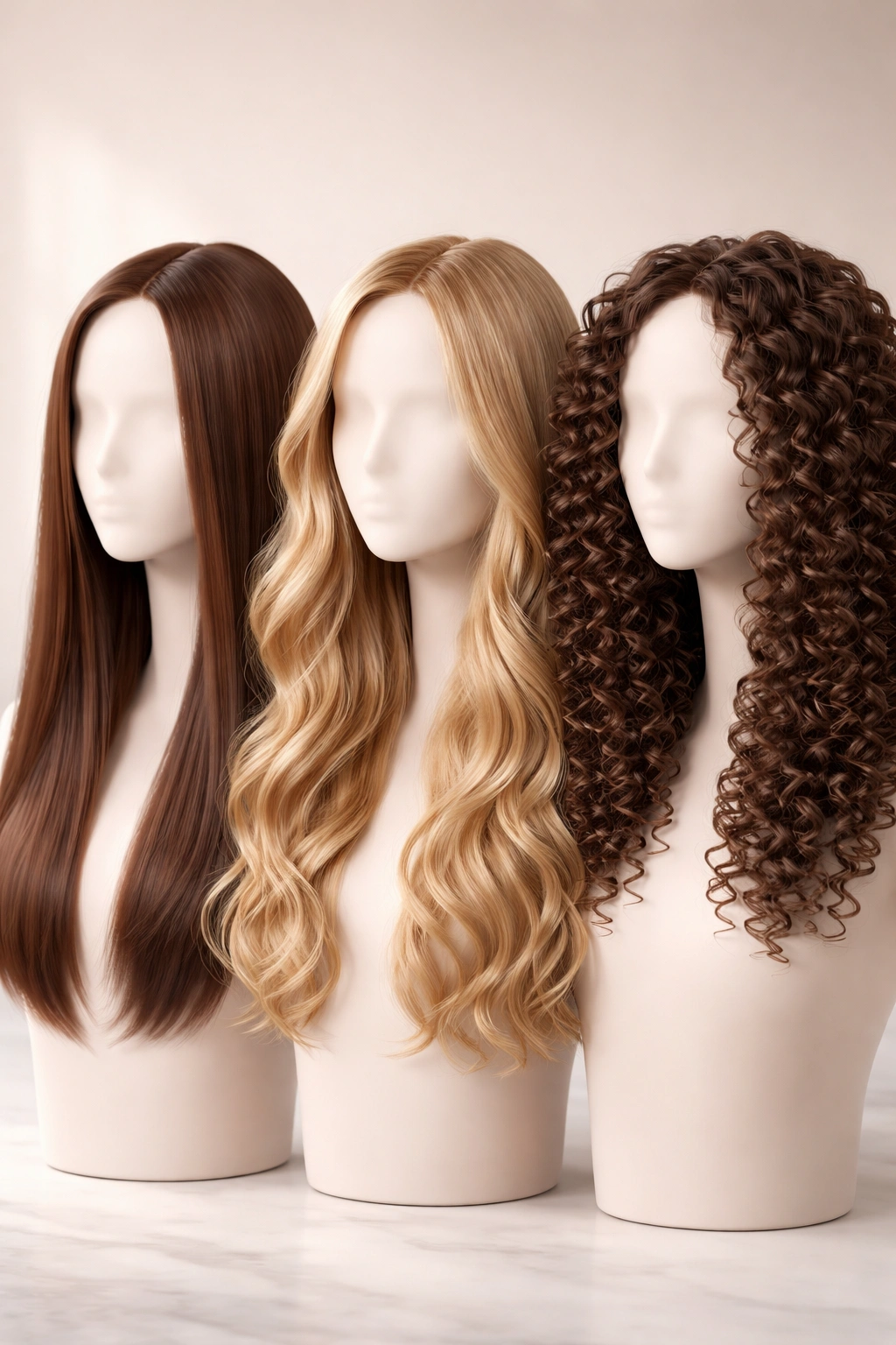 Mannequin head showing straight, wavy, and curly hair textures