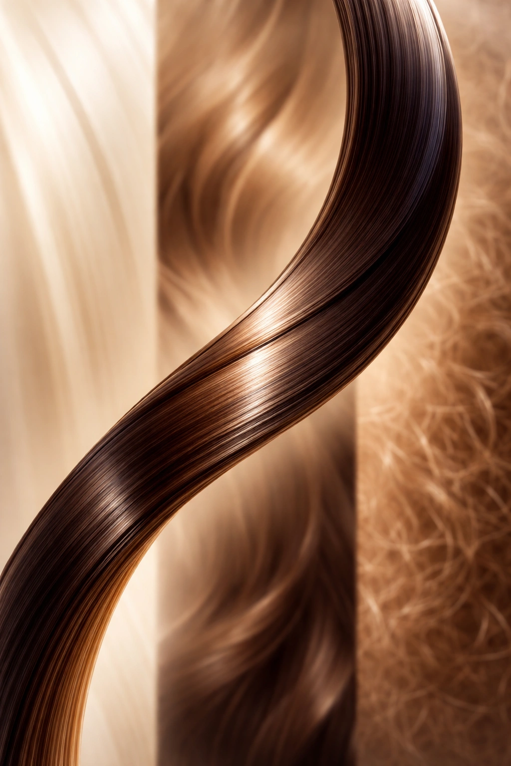 Close-up of a single glossy hair strand showing smooth cuticle